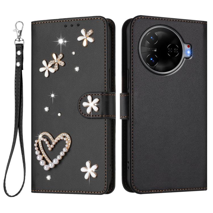 For Tecno Camon 30 Pro 5G ZS01 Double-Layer Heart Floral Vegan Leather Phone Case with Wrist Strap