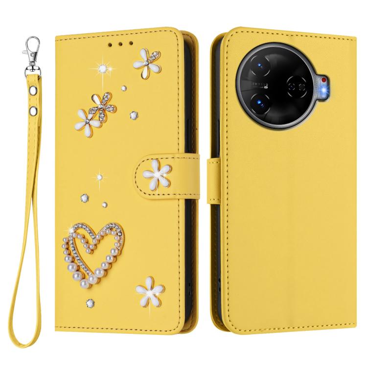 For Tecno Camon 30 Pro 5G ZS01 Double-Layer Heart Floral Vegan Leather Phone Case with Wrist Strap