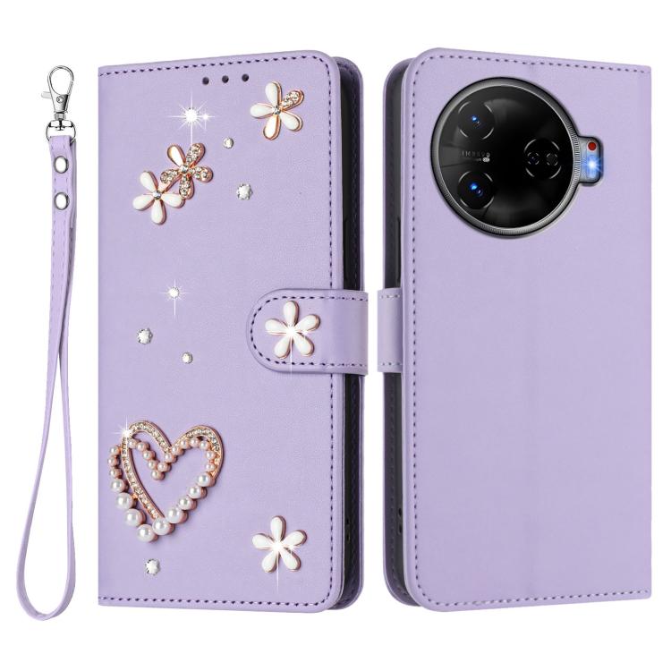 For Tecno Camon 30 Pro 5G ZS01 Double-Layer Heart Floral Vegan Leather Phone Case with Wrist Strap