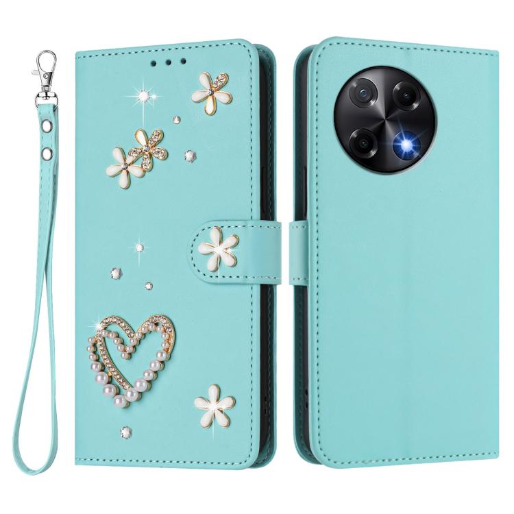 For Tecno Camon 30S / 30S Pro ZS01 Double-Layer Heart Floral Vegan Leather Phone Case with Wrist Strap