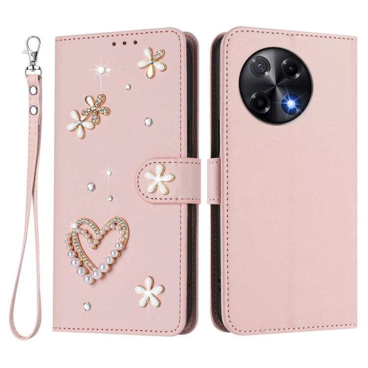 For Tecno Camon 30S / 30S Pro ZS01 Double-Layer Heart Floral Vegan Leather Phone Case with Wrist Strap