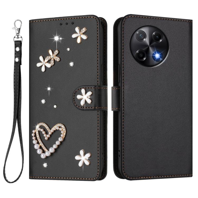 For Tecno Camon 30S / 30S Pro ZS01 Double-Layer Heart Floral Vegan Leather Phone Case with Wrist Strap