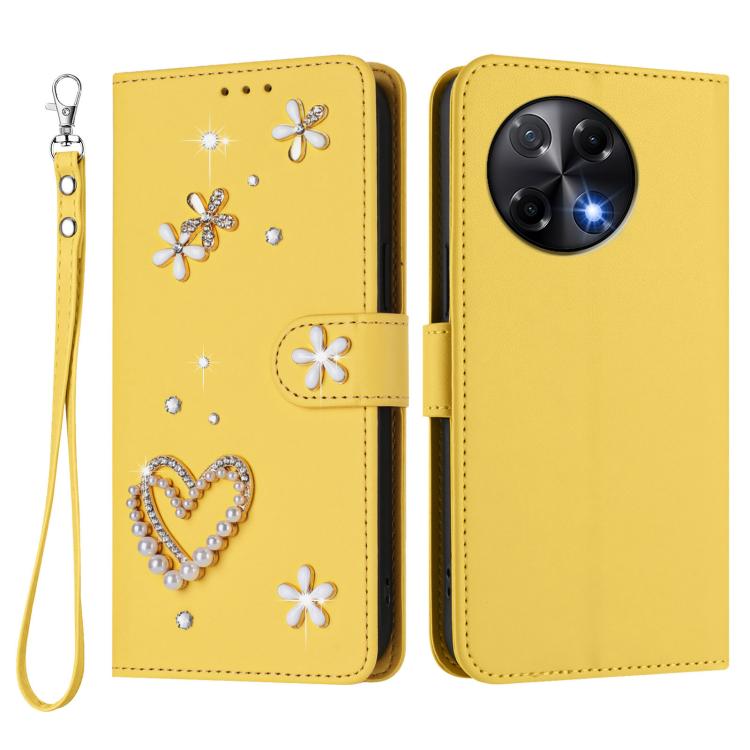 For Tecno Camon 30S / 30S Pro ZS01 Double-Layer Heart Floral Vegan Leather Phone Case with Wrist Strap