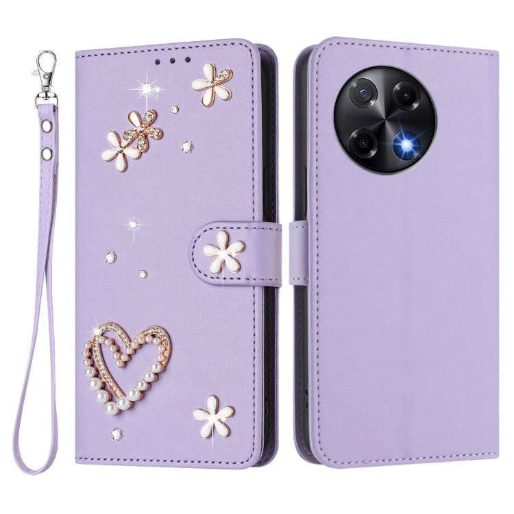 For Tecno Camon 30S / 30S Pro ZS01 Double-Layer Heart Floral Vegan Leather Phone Case with Wrist Strap
