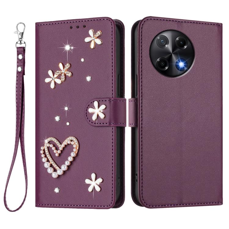 For Tecno Camon 30S / 30S Pro ZS01 Double-Layer Heart Floral Vegan Leather Phone Case with Wrist Strap