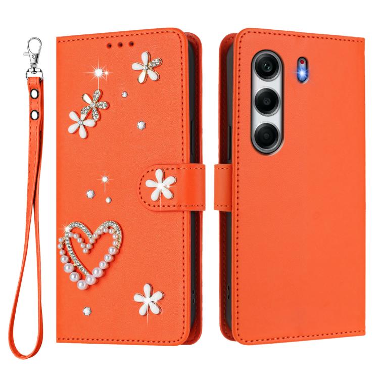 For Tecno Camon 40 4G ZS01 Double-Layer Heart Floral Vegan Leather Phone Case with Wrist Strap