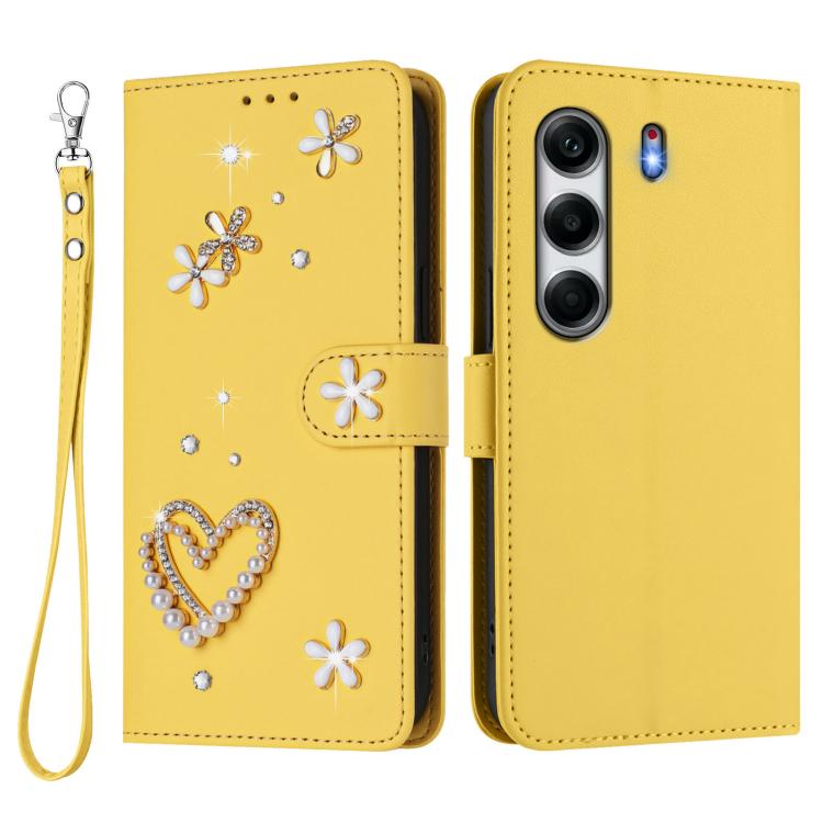 For Tecno Camon 40 4G ZS01 Double-Layer Heart Floral Vegan Leather Phone Case with Wrist Strap