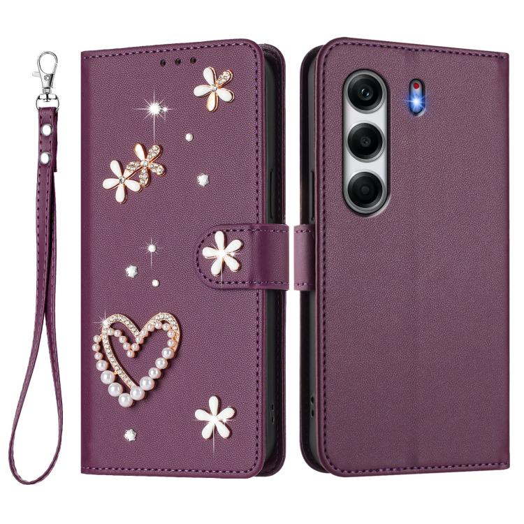 For Tecno Camon 40 4G ZS01 Double-Layer Heart Floral Vegan Leather Phone Case with Wrist Strap