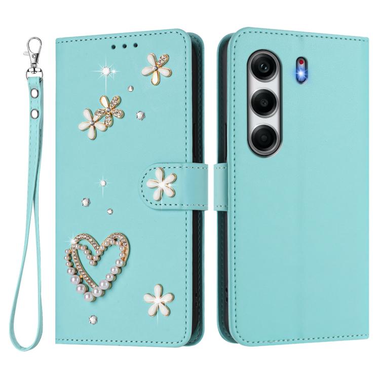 For Tecno Camon 40 Pro 4G Global ZS01 Double-Layer Heart Floral Vegan Leather Phone Case with Wrist Strap