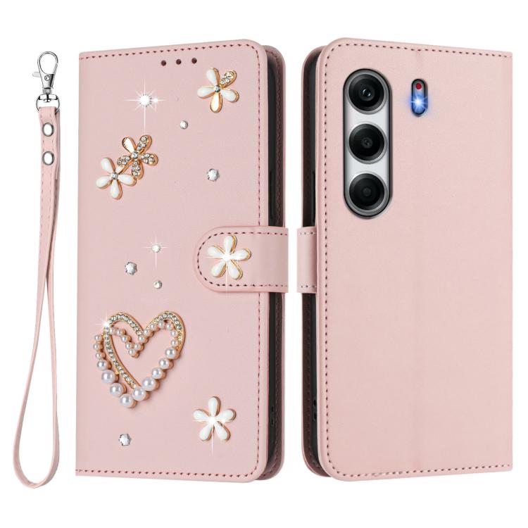 For Tecno Camon 40 Pro 4G Global ZS01 Double-Layer Heart Floral Vegan Leather Phone Case with Wrist Strap