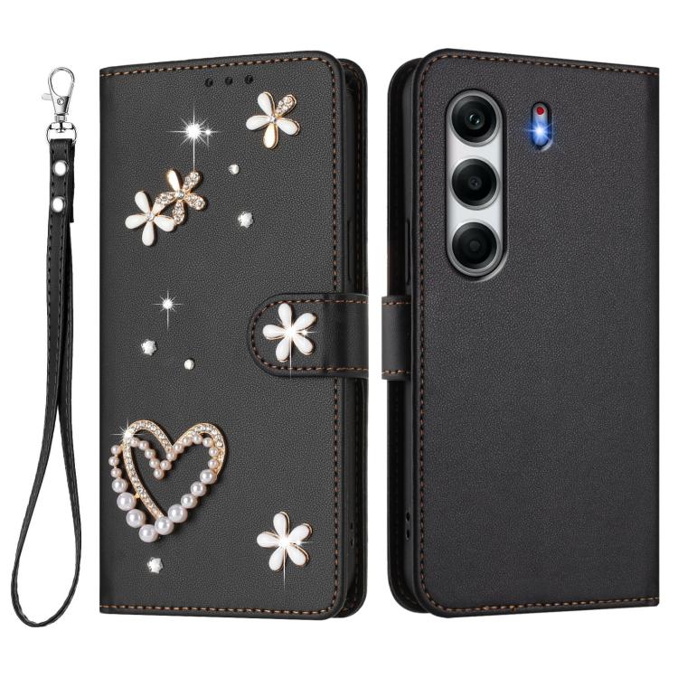 For Tecno Camon 40 Pro 4G Global ZS01 Double-Layer Heart Floral Vegan Leather Phone Case with Wrist Strap