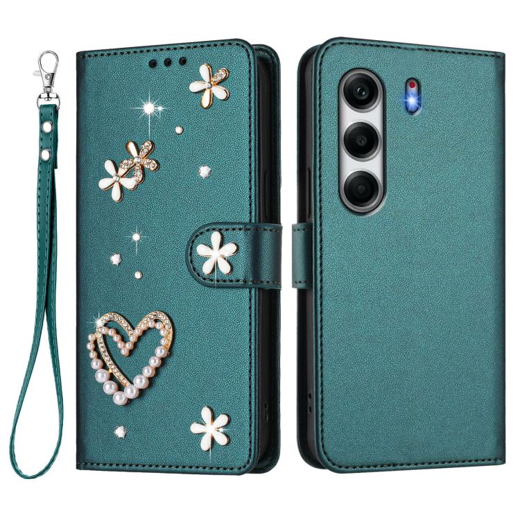 For Tecno Camon 40 Pro 4G Global ZS01 Double-Layer Heart Floral Vegan Leather Phone Case with Wrist Strap