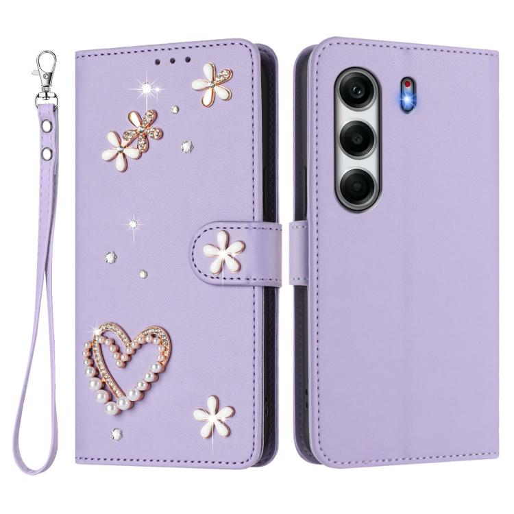For Tecno Camon 40 Pro 4G Global ZS01 Double-Layer Heart Floral Vegan Leather Phone Case with Wrist Strap