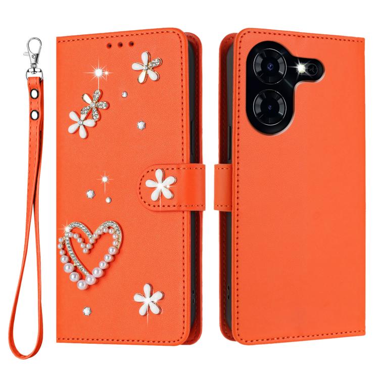 For Tecno Pova 5 4G ZS01 Double-Layer Heart Floral Vegan Leather Phone Case with Wrist Strap