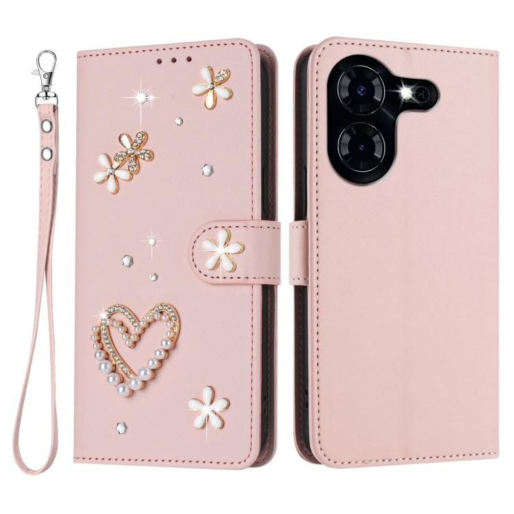 For Tecno Pova 5 4G ZS01 Double-Layer Heart Floral Vegan Leather Phone Case with Wrist Strap