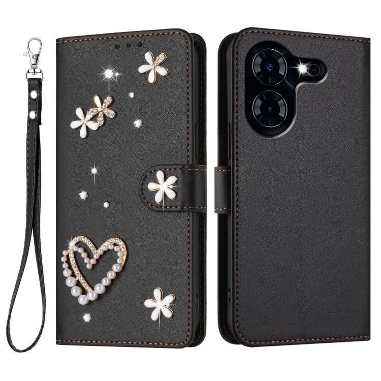 For Tecno Pova 5 4G ZS01 Double-Layer Heart Floral Vegan Leather Phone Case with Wrist Strap