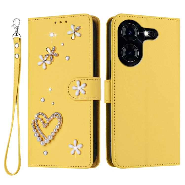 For Tecno Pova 5 4G ZS01 Double-Layer Heart Floral Vegan Leather Phone Case with Wrist Strap