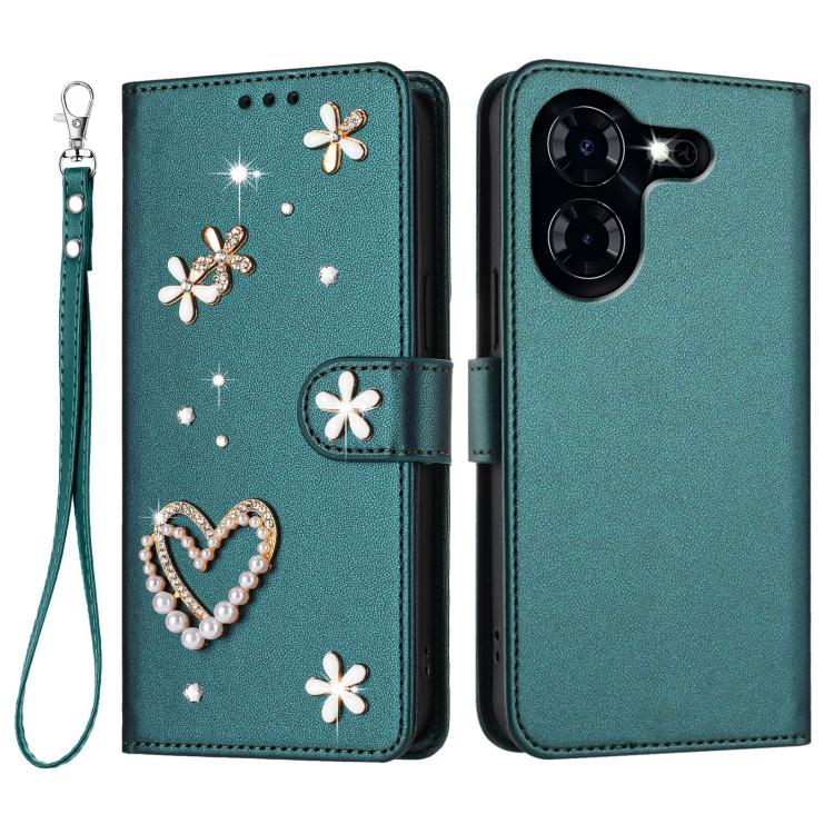 For Tecno Pova 5 4G ZS01 Double-Layer Heart Floral Vegan Leather Phone Case with Wrist Strap