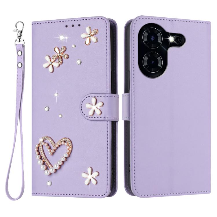 For Tecno Pova 5 4G ZS01 Double-Layer Heart Floral Vegan Leather Phone Case with Wrist Strap