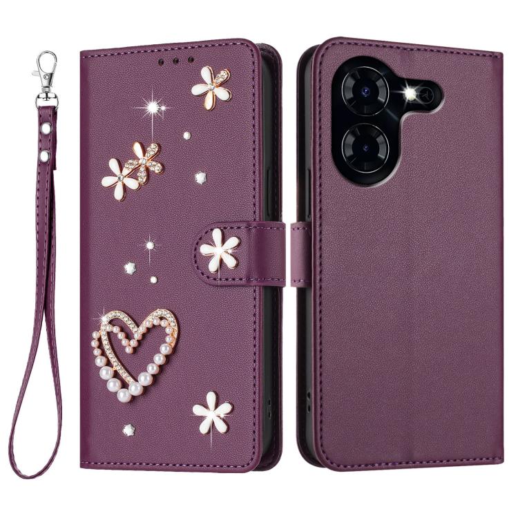 For Tecno Pova 5 4G ZS01 Double-Layer Heart Floral Vegan Leather Phone Case with Wrist Strap