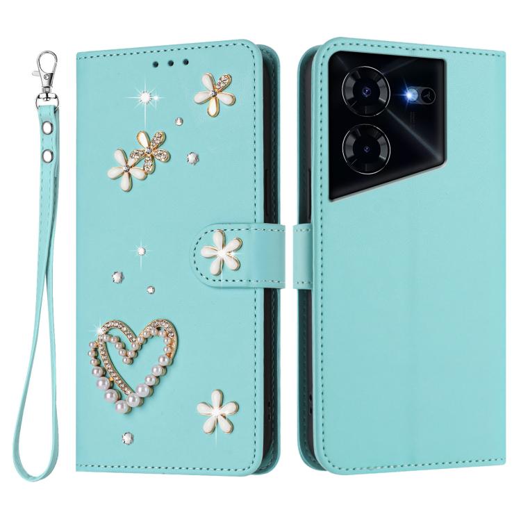 For Tecno Pova 5 Pro 5G ZS01 Double-Layer Heart Floral Vegan Leather Phone Case with Wrist Strap