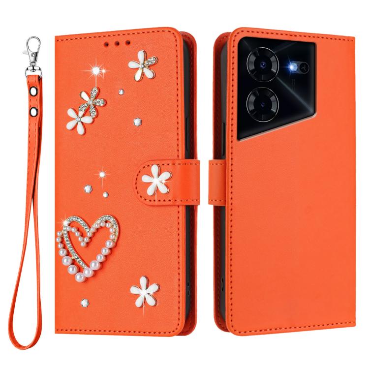 For Tecno Pova 5 Pro 5G ZS01 Double-Layer Heart Floral Vegan Leather Phone Case with Wrist Strap