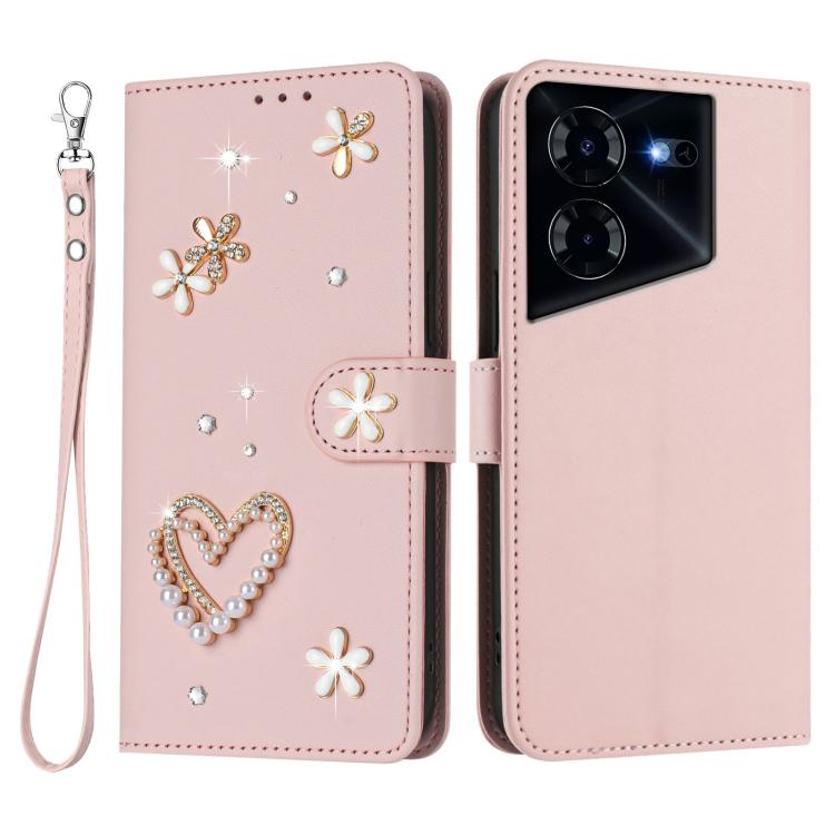 For Tecno Pova 5 Pro 5G ZS01 Double-Layer Heart Floral Vegan Leather Phone Case with Wrist Strap