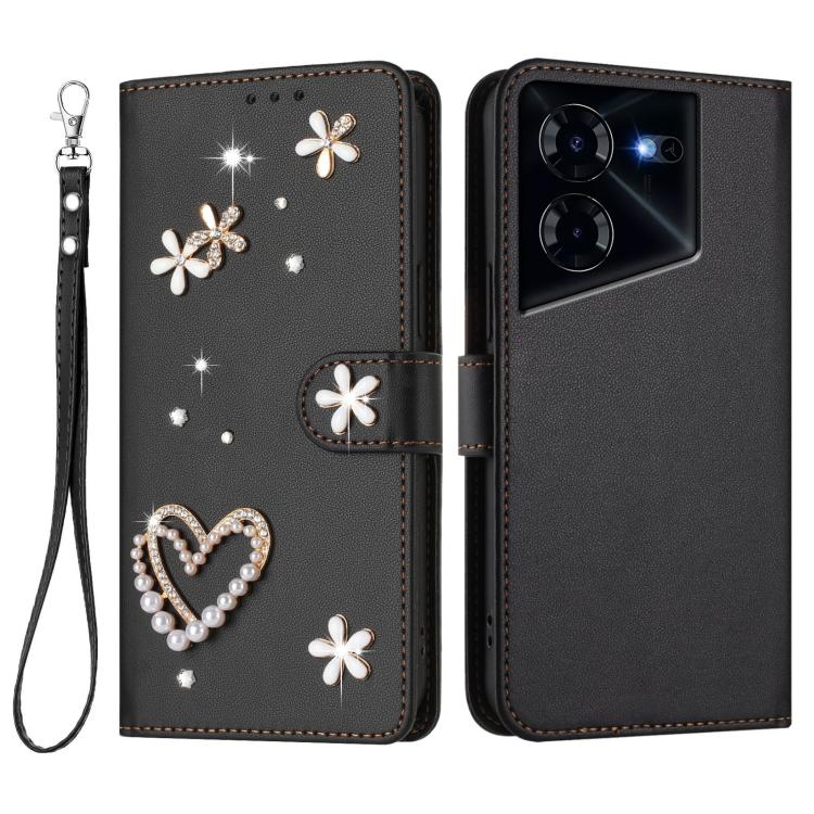 For Tecno Pova 5 Pro 5G ZS01 Double-Layer Heart Floral Vegan Leather Phone Case with Wrist Strap