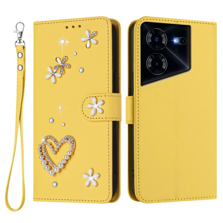 For Tecno Pova 5 Pro 5G ZS01 Double-Layer Heart Floral Vegan Leather Phone Case with Wrist Strap