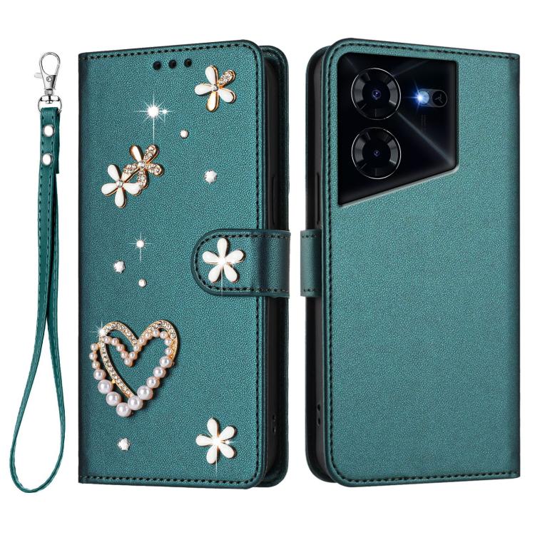 For Tecno Pova 5 Pro 5G ZS01 Double-Layer Heart Floral Vegan Leather Phone Case with Wrist Strap