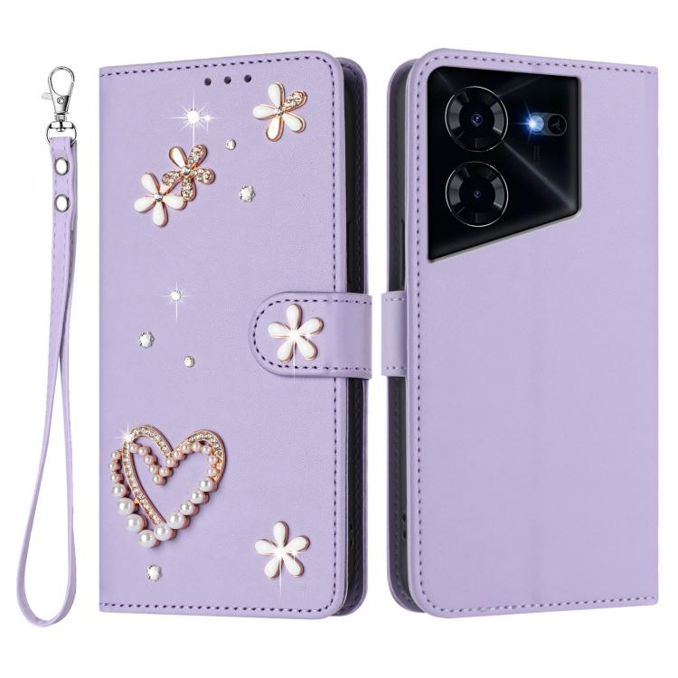 For Tecno Pova 5 Pro 5G ZS01 Double-Layer Heart Floral Vegan Leather Phone Case with Wrist Strap