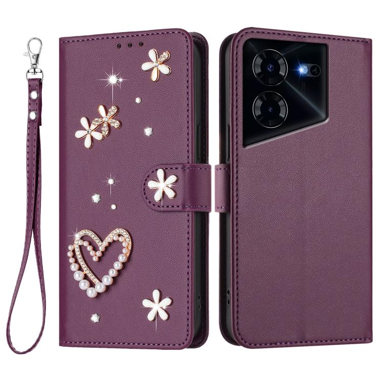 For Tecno Pova 5 Pro 5G ZS01 Double-Layer Heart Floral Vegan Leather Phone Case with Wrist Strap