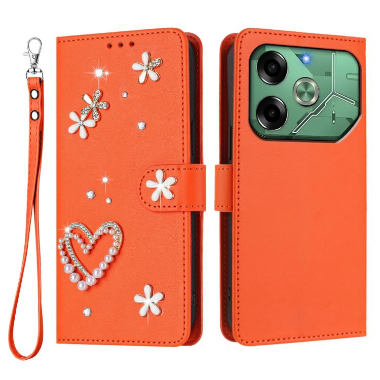 For Tecno Pova 6 4G ZS01 Double-Layer Heart Floral Vegan Leather Phone Case with Wrist Strap