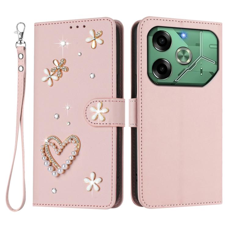 For Tecno Pova 6 4G ZS01 Double-Layer Heart Floral Vegan Leather Phone Case with Wrist Strap
