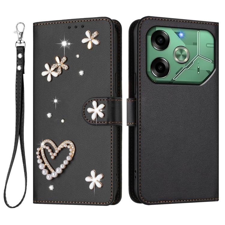 For Tecno Pova 6 4G ZS01 Double-Layer Heart Floral Vegan Leather Phone Case with Wrist Strap