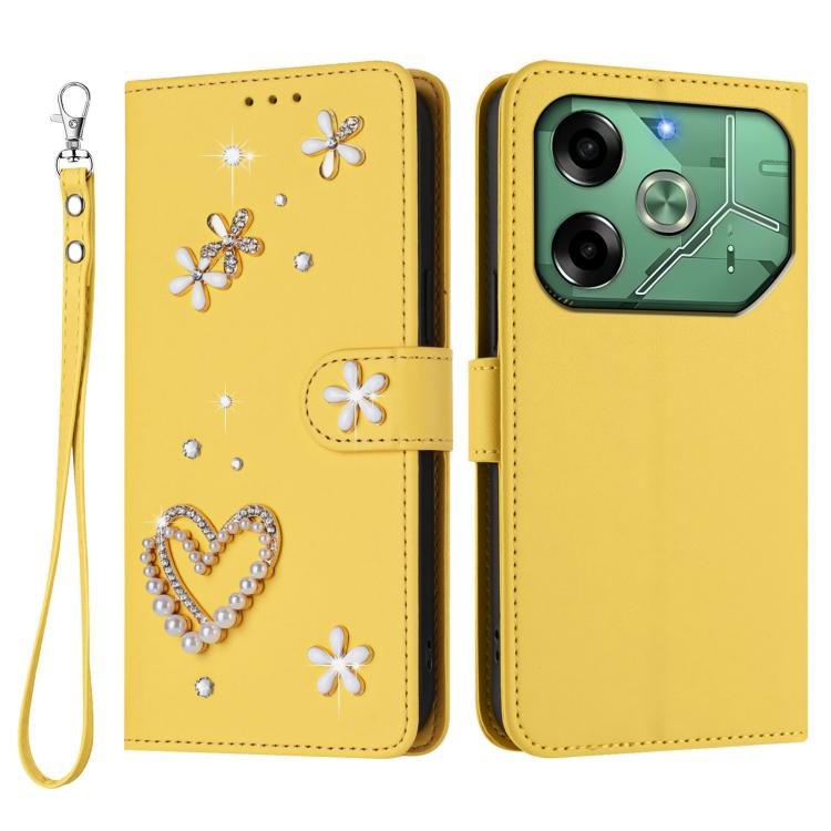 For Tecno Pova 6 4G ZS01 Double-Layer Heart Floral Vegan Leather Phone Case with Wrist Strap