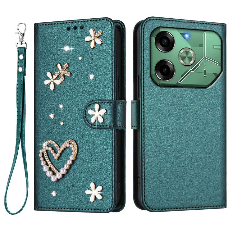 For Tecno Pova 6 4G ZS01 Double-Layer Heart Floral Vegan Leather Phone Case with Wrist Strap