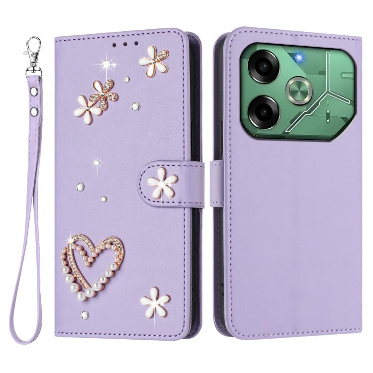 For Tecno Pova 6 4G ZS01 Double-Layer Heart Floral Vegan Leather Phone Case with Wrist Strap