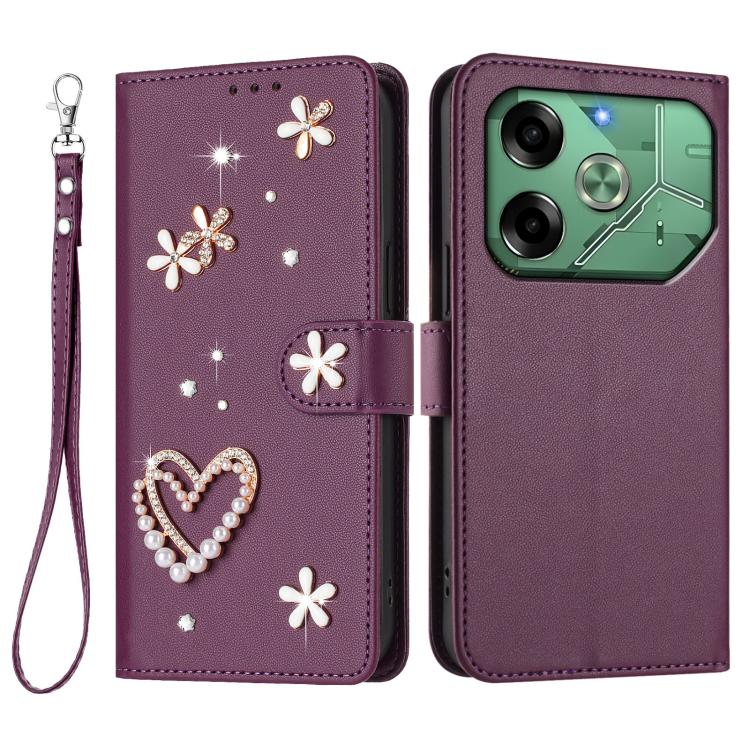 For Tecno Pova 6 4G ZS01 Double-Layer Heart Floral Vegan Leather Phone Case with Wrist Strap