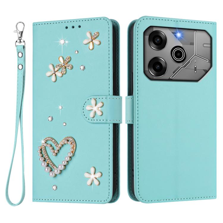 For Tecno Pova 6 5G / 6 Pro 5G ZS01 Double-Layer Heart Floral Vegan Leather Phone Case with Wrist Strap
