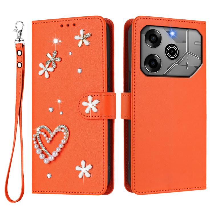 For Tecno Pova 6 5G / 6 Pro 5G ZS01 Double-Layer Heart Floral Vegan Leather Phone Case with Wrist Strap
