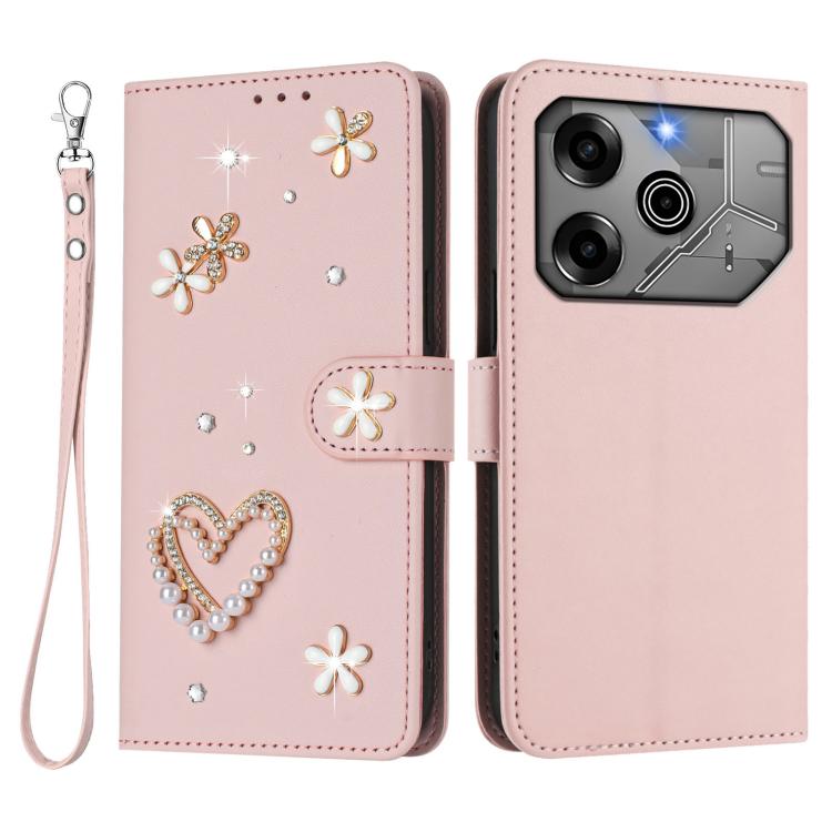 For Tecno Pova 6 5G / 6 Pro 5G ZS01 Double-Layer Heart Floral Vegan Leather Phone Case with Wrist Strap