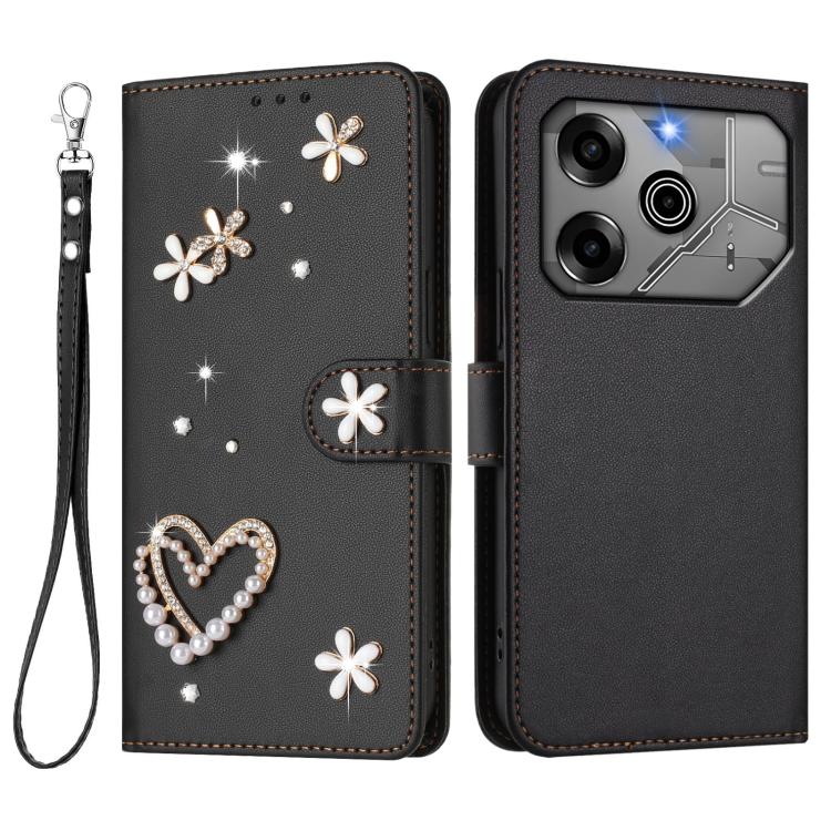 For Tecno Pova 6 5G / 6 Pro 5G ZS01 Double-Layer Heart Floral Vegan Leather Phone Case with Wrist Strap