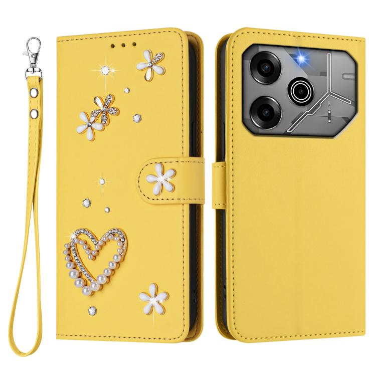 For Tecno Pova 6 5G / 6 Pro 5G ZS01 Double-Layer Heart Floral Vegan Leather Phone Case with Wrist Strap