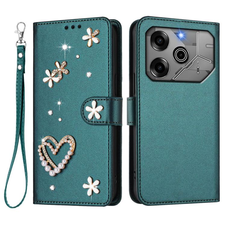 For Tecno Pova 6 5G / 6 Pro 5G ZS01 Double-Layer Heart Floral Vegan Leather Phone Case with Wrist Strap