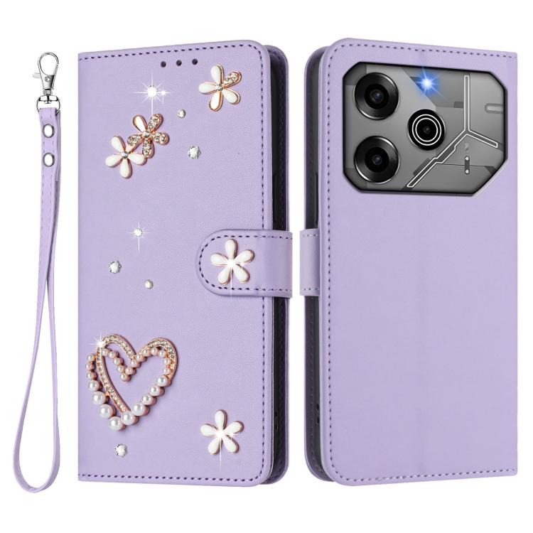 For Tecno Pova 6 5G / 6 Pro 5G ZS01 Double-Layer Heart Floral Vegan Leather Phone Case with Wrist Strap