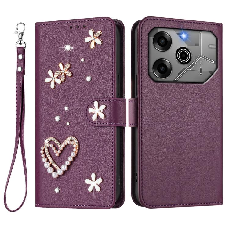 For Tecno Pova 6 5G / 6 Pro 5G ZS01 Double-Layer Heart Floral Vegan Leather Phone Case with Wrist Strap