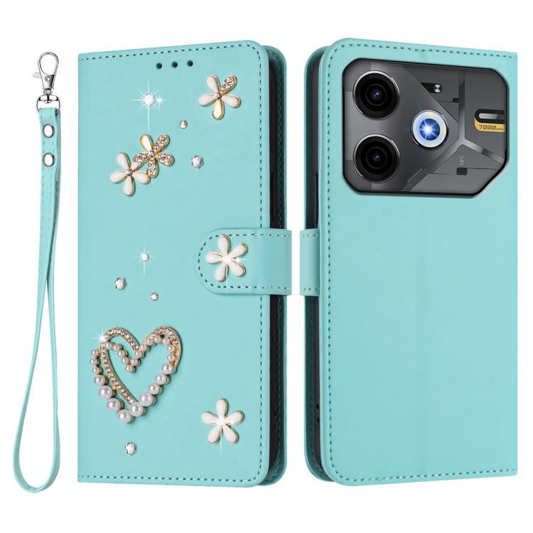 For Tecno Pova 6 Neo 5G / Spark 30 5G ZS01 Double-Layer Heart Floral Vegan Leather Phone Case with Wrist Strap