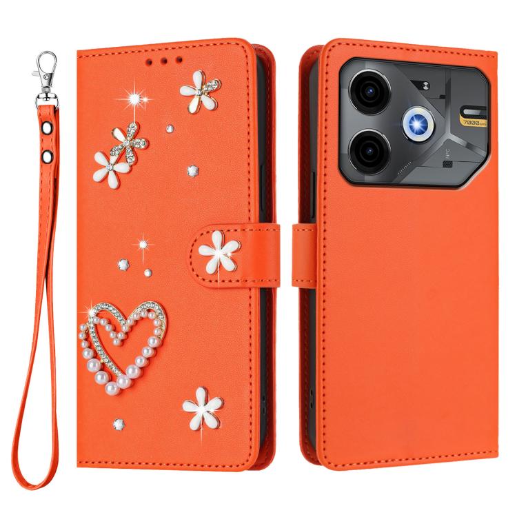 For Tecno Pova 6 Neo 5G / Spark 30 5G ZS01 Double-Layer Heart Floral Vegan Leather Phone Case with Wrist Strap