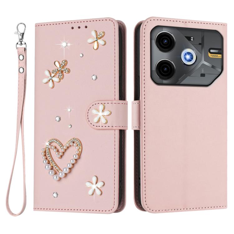 For Tecno Pova 6 Neo 5G / Spark 30 5G ZS01 Double-Layer Heart Floral Vegan Leather Phone Case with Wrist Strap